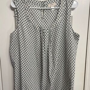 LOFT White Sleeveless V-Neck Shell with Black Geometric Print